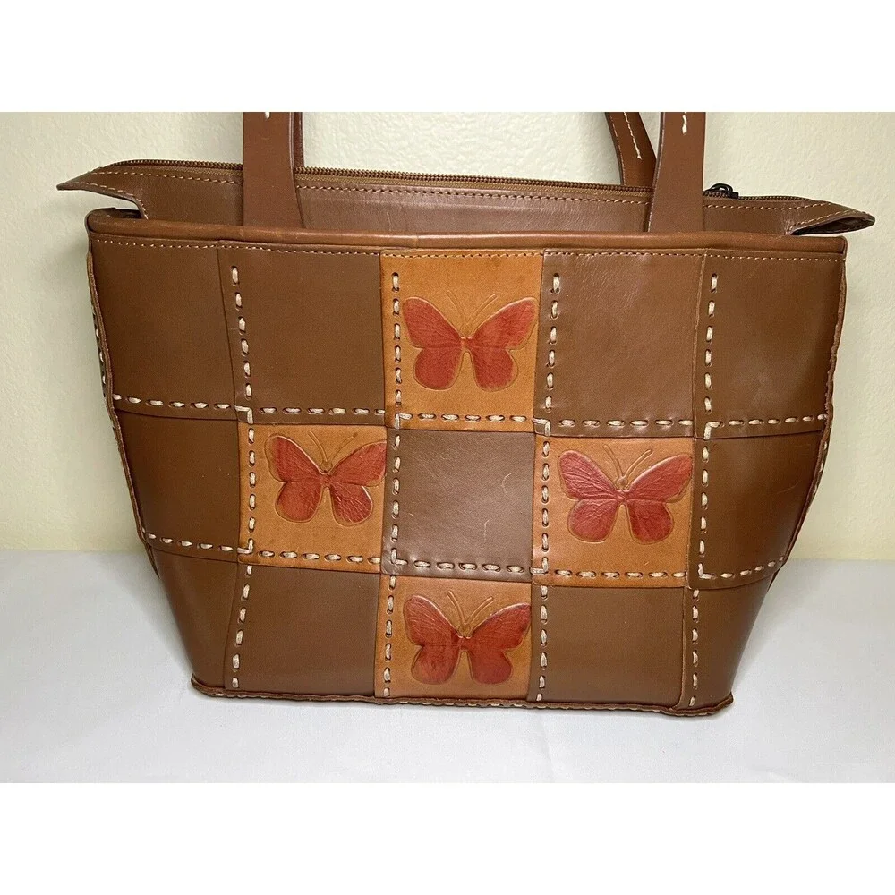 VTG ELLEPI BROWN LEATHER HANDMADE PATCHES M‎ ZIP SHOULDER HOBO/TOTE BAG, Italy